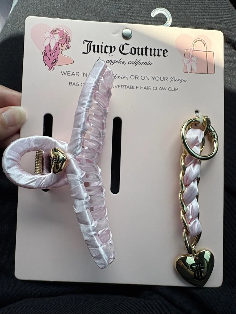 Juicy Couture Light Pink Satin Hair Claw Clip & Braided Keychain Bag Charm Set